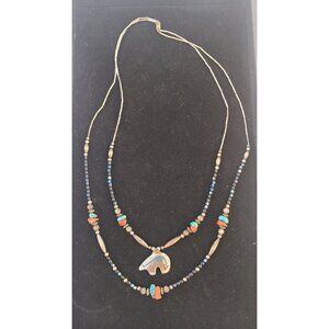 Vintage NAVAJO Sterling Silver BEAR Pendant Necklace Turquoise Coral Beads 39g